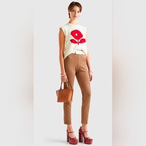 United Colors Of Benetton Tan Checkered Straight Leg Pants Brown Khaki Sz L